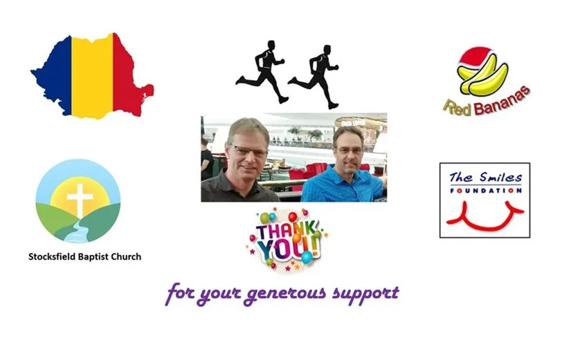 Picture of Andrew and Phil with logos of SBC, Smiles, Red Bananas and map of Romania